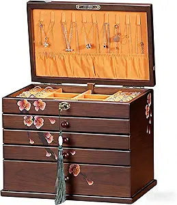 Vintage Wooden Jewelry Boxes with Lock & Key - Hand-Painted Large Jewelry Organizer, 6-Layer jewelry organizers and storage, Rustic Tabletop Jewelry Storage Box for Women/Men