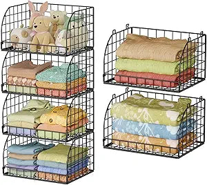 Extended Paragraph Stackable Storage Bins Closet Organizer4-Pack Wire Baskets For OrganizingCloset Organizers And StorageCloset Shelves And Open Home Storage BinsBlackClothes, Snacks, Toys Can Be