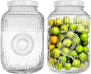 Amzcku 2 Pack 1 Gallon Glass Jar with Lid Wide Mouth, 128 OZ Large Mason Jar with Airtight Screw Lid and Handle, Glass storage containers, Cookie, Candy, Kombucha and fermention