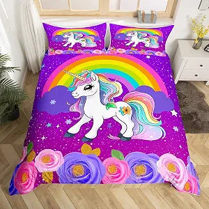 Cute Unicorn Kids Duvet Cover Set Full Size,Rainbow Stars Cloud Dreamy Bedding Set,Girls Women Room Decor,Cartoon Animals Roses Castle Comforter Cover,Pink Purple Romantic Quilt Cover,2 Pillowcases