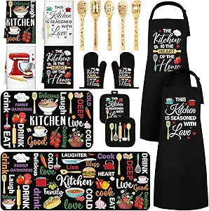 Bencailor 17 Pcs Farmhouse Kitchen Decor and Accessories Black Kitchen Sets Rug and Mat Oven Mitts and Pot Holders Apron Dish Towels Cute Wooden Spoons for Holiday Decoration Home Housewarming Gifts