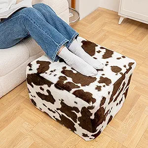 Poofieotto 20x20x14 Inches Fluffy Square Pouf Ottoman - Plush Furry Boneless Ottoman Foot Rest Stool with High-Density Foam, Versatile Floor Seating for Living Room (Coffee Cow Print)
