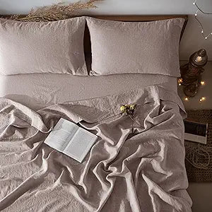 LBRO2M 100% Pure Linen Sheet Set Deep Pocket Up to 16" Bed Sheets Sets, Natural Flax Beddings Soft, Breathable, Comfortable for All Seasons 4 Pcs Sheet Set Queen Size, Mauve Desert