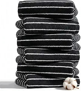 Premium Cotton Striped Hand Towels, White with Black Stripes, 13 x 29 Inches, Lightweight Quick-Dry Absorbent Bathroom Towels, 6 Piece Set (Black)