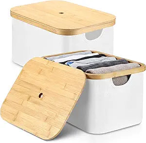 Novabright 2 Pcs Collapsible Storage Basket with Bamboo Lids 15" x 10" Foldable Fabric Storage Bins with Handles for Organizing Shelves Closet Laundry Room Bathroom Clothes Towel(White)