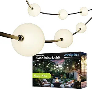 Enbrighten Globe Outdoor String Lights, 44ft, 12 Large 4in Round Bulbs, 2700K Warm White LED, Waterproof, Patio, Backyard, Garden, Pergola, Balcony, 84331