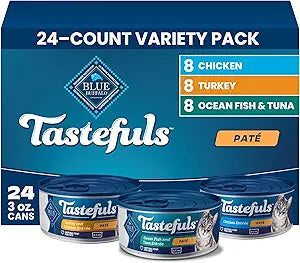 Blue Buffalo Tastefuls Wet Cat Food Pat Variety Pack (Chicken, Turkey & Chicken, Ocean Fish & Tuna) for Adult Cats, Made with Natural Ingredients, 5.5-oz. Each (24 Cans)