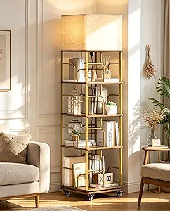 4 Tier Gold Rotating Bookshelf with Light, Square Revolving Book Shelf Tower with Wheels, 360 Display Corner Shelves with Large Capacity for Small and Narrow Space, Office, Living and Bed Room