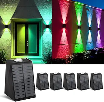 6 Pack Color Changing Solar Wall Lights Outdoor Waterproof Up and Down 2 LED RGB and Cool White Sconce, Decor for Fence, Stair, House, Patio, Porch, Yard, Garden, Garage and Pool, Wall Mounted Install