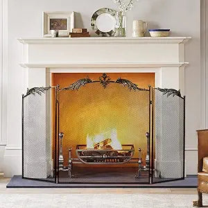 BEAMNOVA Fireplace Screen, 50 x 32 in, Bronze, 3 Panel Decorative Flat Cover, Vintage Arched Mesh Rustic Decoration, Modern Outdoor Fire Pit Protector