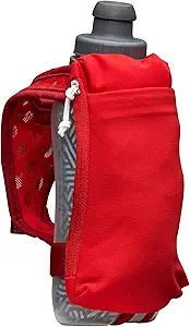 Nathan SpeedDraw 2 Insulated Handheld Running Water Bottle Flask  Double-Wall Insulation, Ergonomic Grip, Blast Valve Cap, Phone & Key Storage Pockets, Reflective Design - 12oz Insulated - Ribbon Red