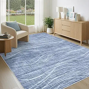 WITSHOCK 5x7 Area Rug for Living Room, Washable Rugs for Bedroom Kitchen Nursery Dining Room Office, Modern Wave Striped Rugs, Soft Thin Carpet Non Slip Low Pile for Home Decor, Blue