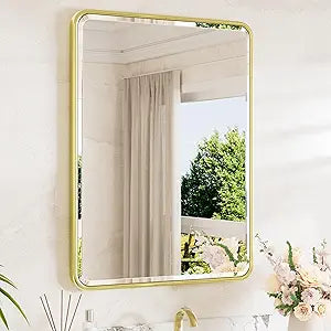 TETOTE Brushed Gold Framed Vanity Mirror 24 x 32 Beveled Edge Tempered Glass, Rounded Corner Rectangle Bathroom Mirror for Over Sink for Modern Bathroom, Living Room, Bedroom, Entryway
