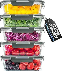Zulay Kitchen 5 Piece Large 36oz Glass Tupperware Container Set with Lids - Premium BPA Free Borosilicate Glass Food Storage Containers - Leak-Proof Meal Prep - Microwave, Freezer & Oven Safe - Gray
