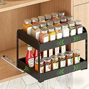 Across-Star Expandable Pull Out Drawers For Shallow Cabinets, 2-Tier Slide Out No Drill Adhesive Kitchen Cabinet Organzier, Adjustable Roll Out Sliding Shelf For Short Upper Cabinet Pantry