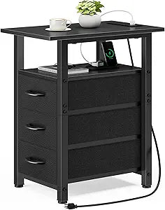Vagusicc Black End Table with Charging Station, Narrow Side Table, 25.2'' Tall Narrow Nightstand with 3 Fabric Drawers, Slim Sofa Side Table for Small Spaces, Small Night Stand for Bedroom, Black