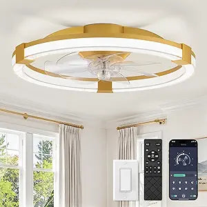 LEDIARY Ceiling Fans with Lights, 20 Inch Low Profile Ceiling Fan with Remote, 6 Speeds, Reversible, Dimmable Flush Mount Fan Light, Modern Fandelier Ceiling Fan with Lights for Bedroom, Gold