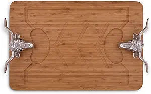 Arthur Court Designs Aluminum Longhorn Handle Bamboo Wood Carving/Cheese Board Large Tray for Serving Meats or Appetizer 20 inch x 13 inch