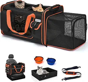 Expandable Extra Large Cat Carrier for 2 Cats with Litter Box for Kitten, Large Cat Small Dog Pet - Collapsible Double Cat Large Pet Carrier for Car Travel Outdoor Camping