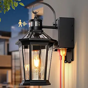 Gleamz Porch Lights Outdoor with GFCI Outlet, Black Motion Sensor Light Wall Mount, 100% Aluminum Anti-Rust Waterproof Outside Light Fixture for House Patio Garage, Adjustable Distance Time, 5 Modes