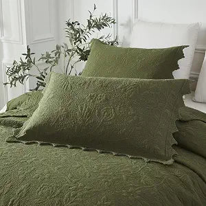 Brandream Quilted Pillow Shams Cotton Set of 2 Olive Green Standard Size Shabby Vintage Farmhouse Decorative Pillow Covers Full Queen Size