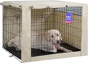 HiCaptain Dog Crate Cover 42.0" L x 28.0" W x 30.0" H with Breathable Mesh, Durable Heavy Duty Kennel Cover, Dual Zippered Panels, Windproof Waterproof UV-Resistant(Beige)