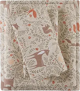 Comfort Spaces Cotton Flannel Sheets Full Size, Ultra Soft Flannel Sheet Set with 12" Elastic Pocket, Novelty Print Warm Flannel Bedding, Taupe Woodland Forest 4 Piece