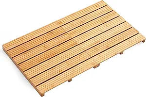Foldable Bamboo Bath Mat for Shower, 31.49" x 17.71" in Non-Slip Wood Bathroom Rug, Quick-Dry Waterproof Carpet for Indoor Outdoor Use by Sink, Tub, Pool