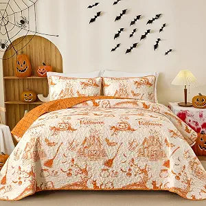 WONGS BEDDING Queen Pumpkin Castle Quilt Set, Halloween Bedspread Bedding