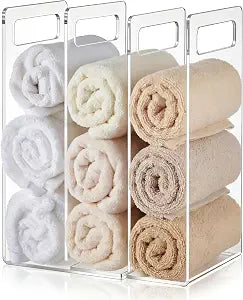 LEIFIDE Set of 2 Towel Organizer for Closet Shelf, Interlocking Acrylic Towel Storage Organizer for Bathroom, Storage Rack with Divider for Linen Closet, Cabinet and Home Organization (Clear)
