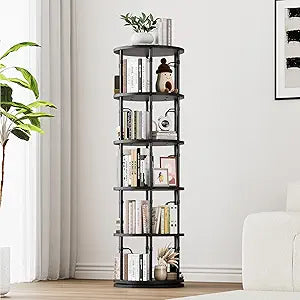 5-Tier Tall Rotating Bookshelf, 360Spinning Swivel Bookcase Tower, Vertical Floor Standing Revolving Round Book Shelf Organizer for Small Spaces, Corner, Living Room, Bedroom, Black