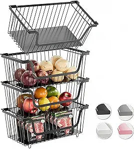 GAOKASE 4 Pcs Stackable Wire Baskets for Pantry Organizers and Storage,Vegetable Fruit Basket for Countertop,Kitchen Storage Metal Baskets,Produce Potato Onion Storage Bin-(Black)