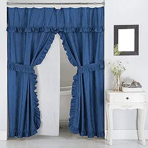 Double Swag Ruffled Fabric Shower Curtain Set, Intersected Leaves Pattern, PEVA Liner and Roller Rings (Blue)