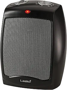Lasko CD09250 Ceramic Adjustable Thermostat Tabletop or Under-Desk Heater, 9 Inches High, Black