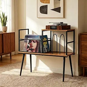 Record Player Stand with Vinyl Record Storage, Holds Up to 200 Albums, Record Storage Cabinet & Record Stand, Vintage Industrial Turntable Stand with Adjustable Feet for Living Room
