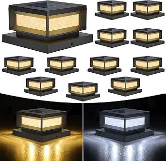 Mlambert 12 Pack Solar Powered Post Cap Lights Outdoor for 4x4/6x6 Wood/Vinyl Posts, Waterproof Deck Fence Patio Porch Light Cool/Warm Lighting, Black