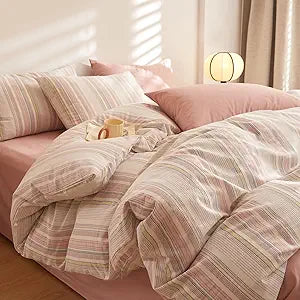 Pink Striped Full Size Comforter Set Boho Down Alternative Bedding Set Washed Cotton Cozy Fluffy Cute Bedding Comforter Sets Chic Soft Breathable Vintage Bed Comforter with 2 Pillowcases