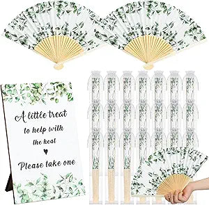 Leinuosen 51 Pcs Wedding Favors for Guests Bulk 25 Wedding Foldable Hand Fans Eucalyptus Leaves Handheld Paper Fans with 25 Organza Bags and a Table Sign for Bridal Shower Favor Appreciation