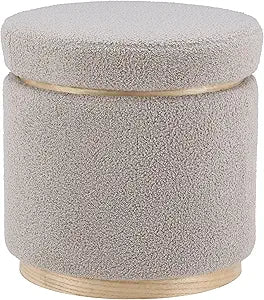 Linon Lexington Grey Sherpa Round Storage Ottoman with Wood Accent