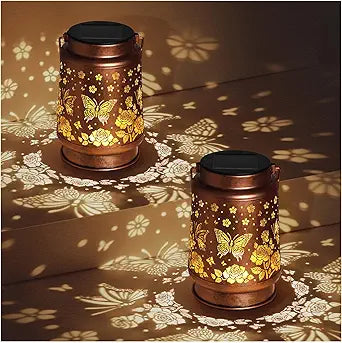 2 Pack Butterfly Solar Lanterns Outdoor Waterproof Rose Garden Decor Gifts for Women Mom Grandma Hanging Solar Lights Metal Lantern Decoration Outside for Yard,Patio,Backyard,Porch