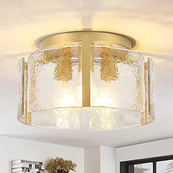 Gold Semi Flush Mount Ceiling Light,15''Modern Hallway Light Fixtures Ceiling Mount,3-Light Drum Glass Ceiling Lights for Kitchen Entryway Foyer Dining Room Bedroom Laundry