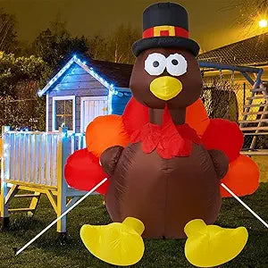 Thanksgiving 6FT Inflatable Turkey with Pilgrim Hat Yard Decoration - LED Light Up Blow Up Turkey for Outdoor Indoor Lawn Thanksgiving Yard Decorations and Autumn Holiday Family Party Display