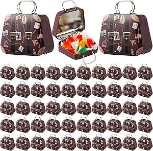 MorningRo 50 Pcs Mini Suitcase Party Favor Boxes Travel Theme Small Luggage Candy Gift Box Vintage Storage Container Tins with Hinged Lids for Wedding Bridal Shower Decoration(Plane)