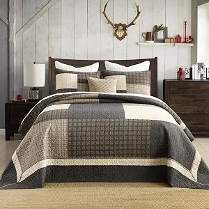 DDUOXIN 100% Cotton King Bedspread 120" W x120 L - Lightweight Oversized Quilt with 2 Pillowcase, Farmhouse Plaid Reversible Thin Bedspreads, Brown/Dark Brown/Beige/Gray