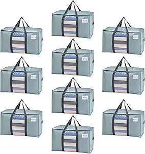 VENO 10 Pack Moving Bags with Clear Window, Heavy Duty Storage Bins with Lid, Around Handles, Tag, Zippers, Extra Large Totes Packing Moving Boxes Supplies for College Dorm Clothes (Light Blue)