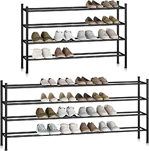 STORAGE MANIAC Long Expandable Shoe Rack, 24 Pairs Metal Wide Stackable Shoe Rack, Adjustable Shoes Shelf, Freestanding Shoes Organizer for Closet, Entryway, Hallway, Garage, Front Door, 4 Tiers