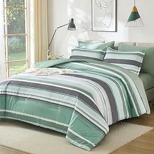 WONGS BEDDING Green Comforter King Size Set, 7 Pieces Bed in a Bag Green and Grey Comforter Set, Soft Boho Striped Bedding Sets with Sheets, Pillowcases & Shams