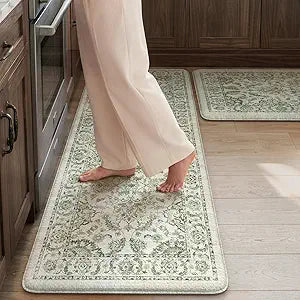 KIMODE Anti Fatigue Kitchen Mat Set, Non Slip Waterproof Kitchen Rug Set of 2, Boho Rugs for Kitchen, Ergonomic Standing Kitchen Sink Mats for Floor, 17"x29.5"+17" x47, Sage Green
