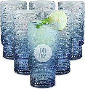 Large Capacity 16 oz Hobnail Drinking Glasses Set of 6, Vintage Glassware Drinking Glasses, Gradual Gray-blue Water Glasses Tumbler, Cups for Kitchen, Juice, Beer, Cocktail, Whiskey