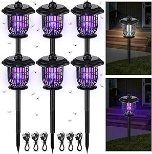 Qualirey 6 Pack Solar Bug Zapper Outdoor Mosquito Repellent 2 in 1 Waterproof Mosquito Killer and Lighting Lamp with Ground Stake USB Rechargeable Zapper for Backyard Patio Garden Lawn Pathway Camping